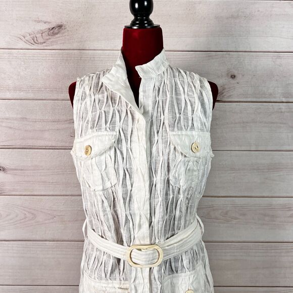 100% Capri Mini Dress Sleeveless Belted Raw Hem Linen - Picture 5 of 11